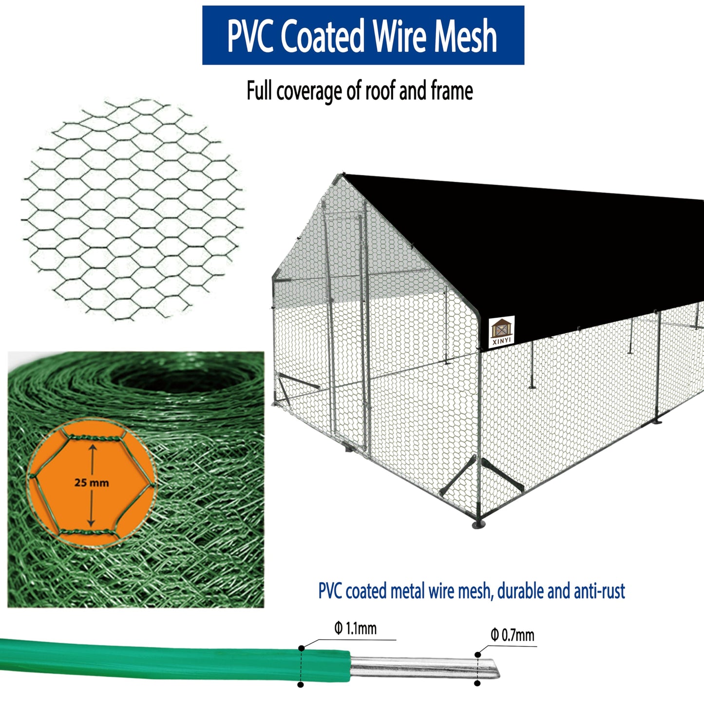 Chicken Runs for Yard with Cover, Metal Chicken Coop, Upgraded Anti-UV 180g/㎡ PE Cloth & 1.1mm Thickened PVC-Coated Hexagonal Chicken Wire Mesh & More Galvanized Steel Standpipes,19.7×9.8×6.4FT