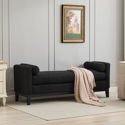 KEIKI Oversize Boucle Bench Ottoman with 2 Bolster Pillows & Wood Legs, Upholstered End of Bed Daybed Seating, Foot Rest Stool Furniture for Bedroom, Living Room, Entryway, Black