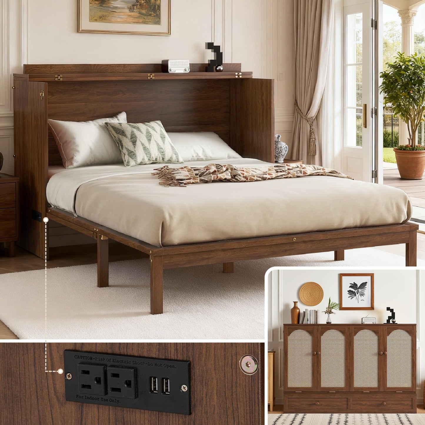 DNYN Queen Size Murphy Bed Cabinet with Large Drawer and and Built-in Charging Station for Guest/Study Room/Home Office, Space-Saving Rattan Decoration Foldable Wall Bed Frame, No Box Spring Needed