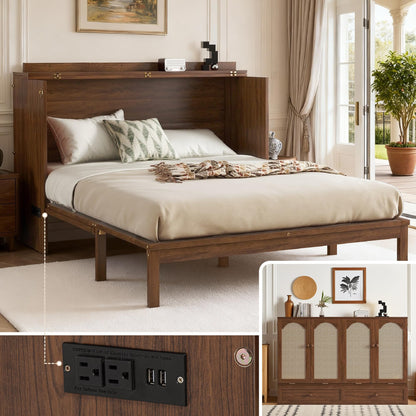 DNYN Queen Size Murphy Bed Cabinet with Large Drawer and and Built-in Charging Station for Guest/Study Room/Home Office, Space-Saving Rattan Decoration Foldable Wall Bed Frame, No Box Spring Needed