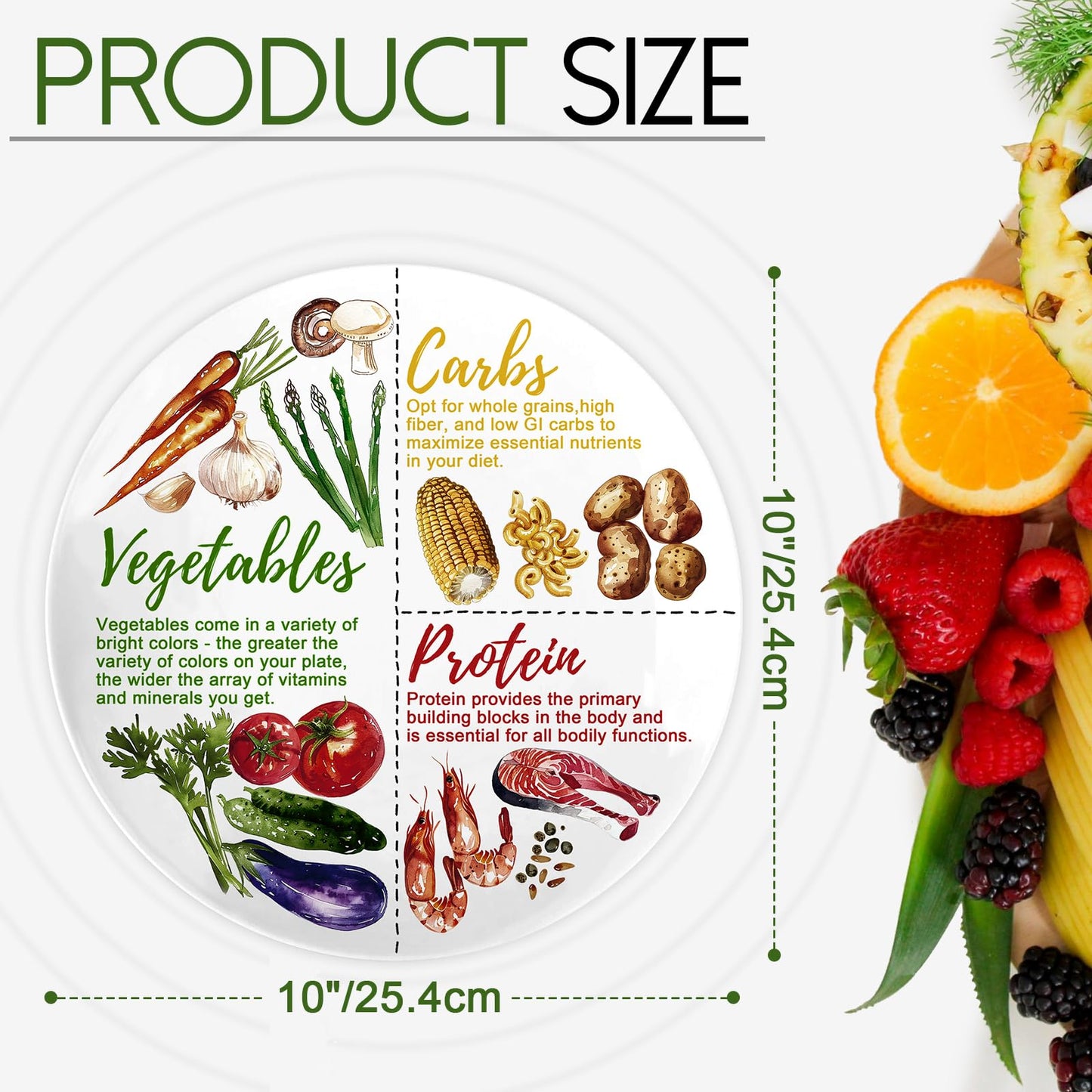 VIYNRAN Portion Control Plate - 10 Inch Melamine Dinner Plate for Balanced Meals, Divided Sections for Vegetables, Carbs, and Protein with Colorful Food Illustrations - 4 Pack