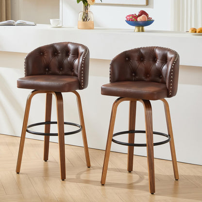 Dorlicecass 26" H Counter Height Bar Stools Set of 4，360°Swivel Bar Stools with Back,Seat Height Upholstered Counter Stools with Wood Legs and Footrest，Leather Farmhouse（Brown）