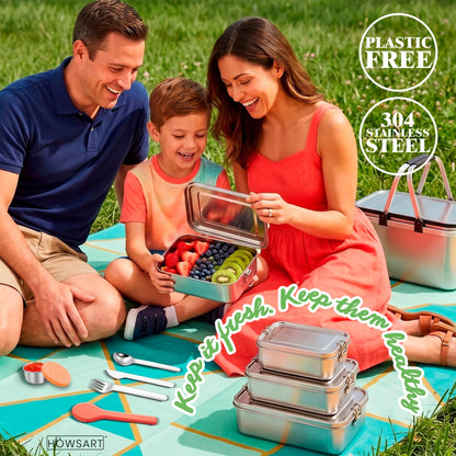 5 in 1 | Stainless Steel Bento Box & Silicone Case Cutlery Set & Salad Dressing Container – 3PCS Nesting Metal Lunch Box 19oz - 41oz - 81oz for Travel, Office – Food Storage Lunchbox for Adults