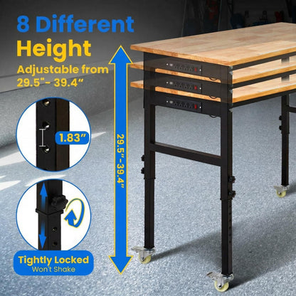 70-Inch Height Adjustable Workbench with Power Outlets, Solid Rubber Wood Top Heavy Duty Garage Tool Table, Workstation with Pegboard, Hooks and Ruler