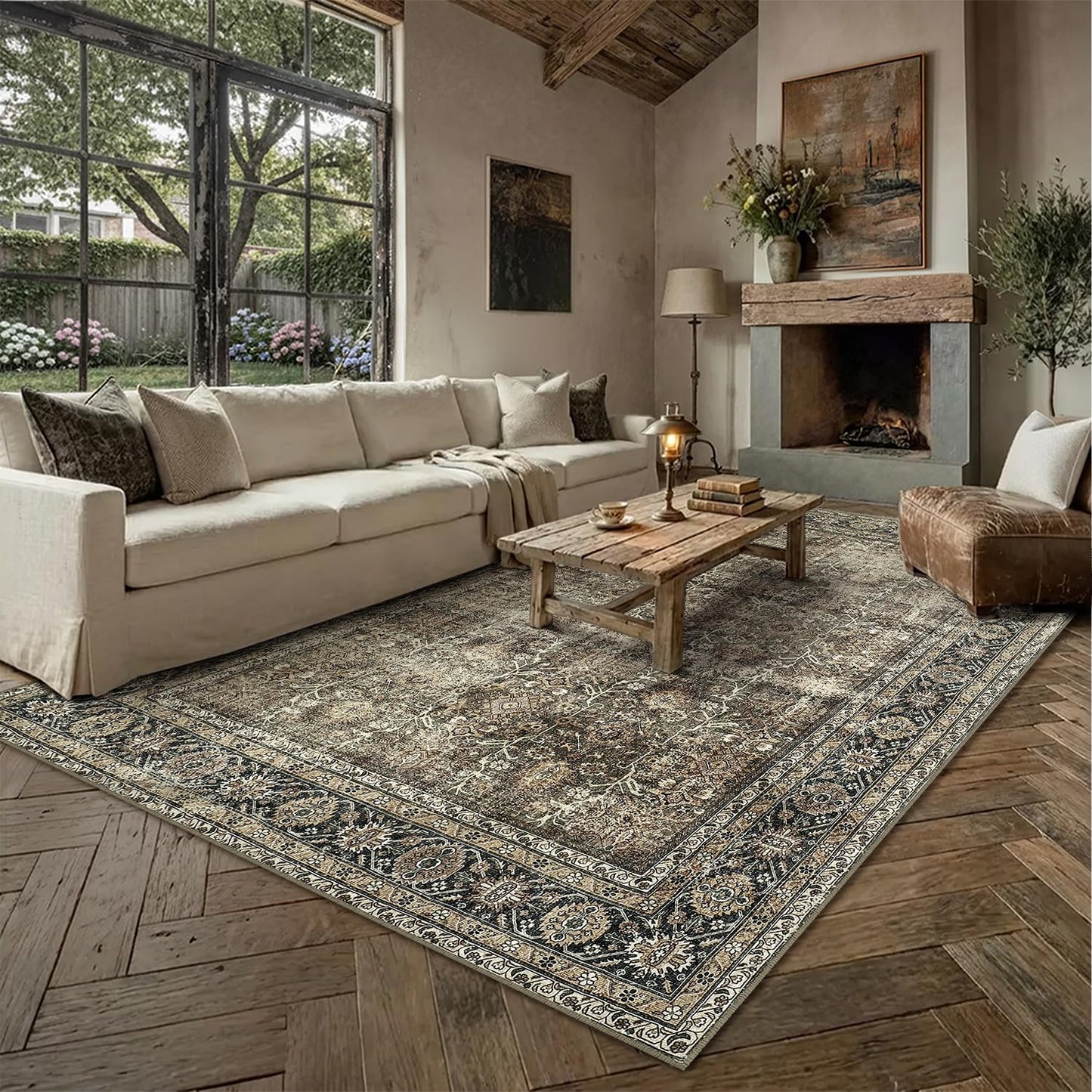 PureCozy Vintage Area Rug 12x15 Brown Washable Living Room Large Carpet Non Slip Bedroom Indoor Office Low Pile Traditional Distressed Retro Accent Rug for Dining Room