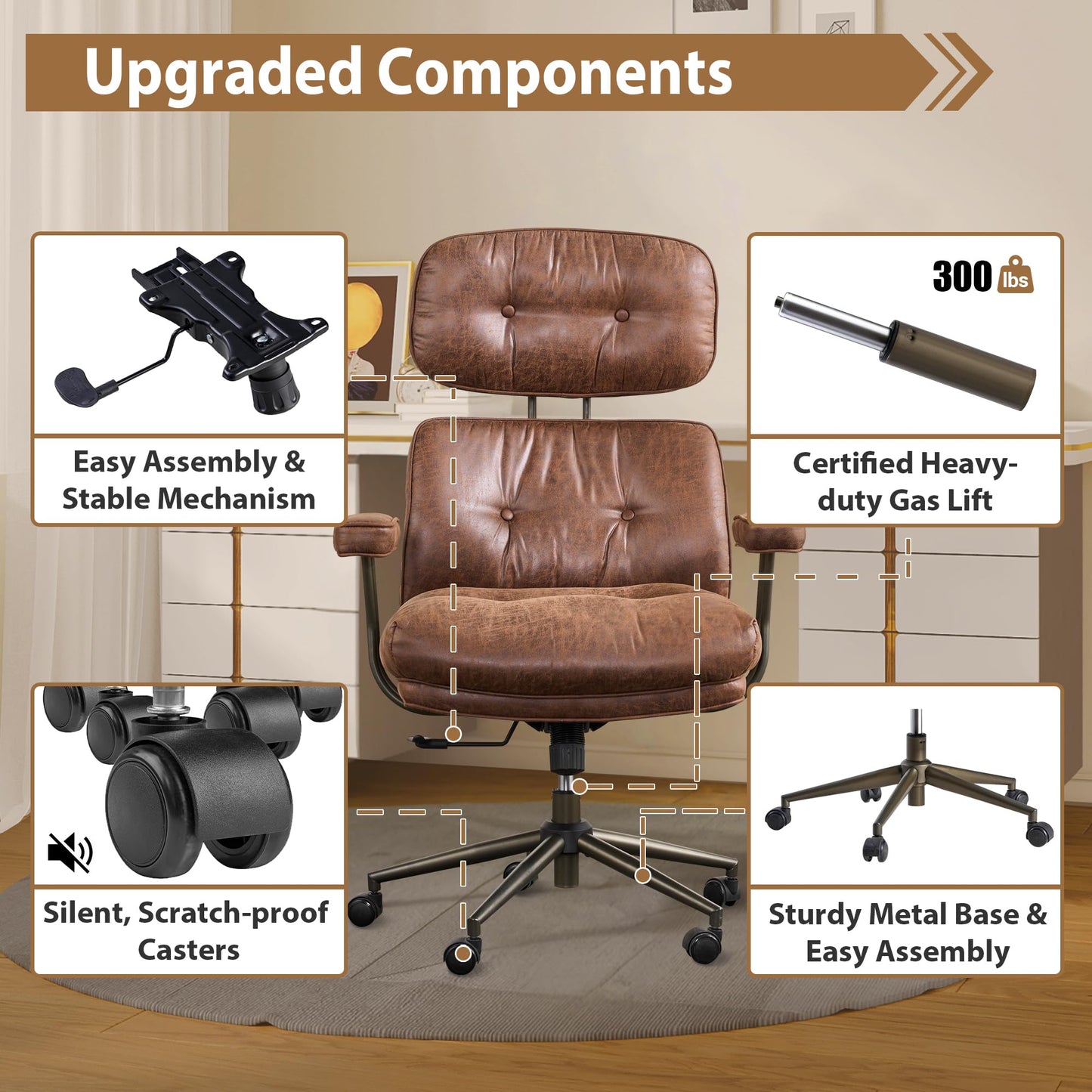 Home Office Chair,Ergonomic Computer Chair with Lumbar Support Adjustable Height,Mid-Century Modern Office Chair with Rolling Swivel Chair for Home Office Game Study(Suede Leather Chair,Dark Brown)