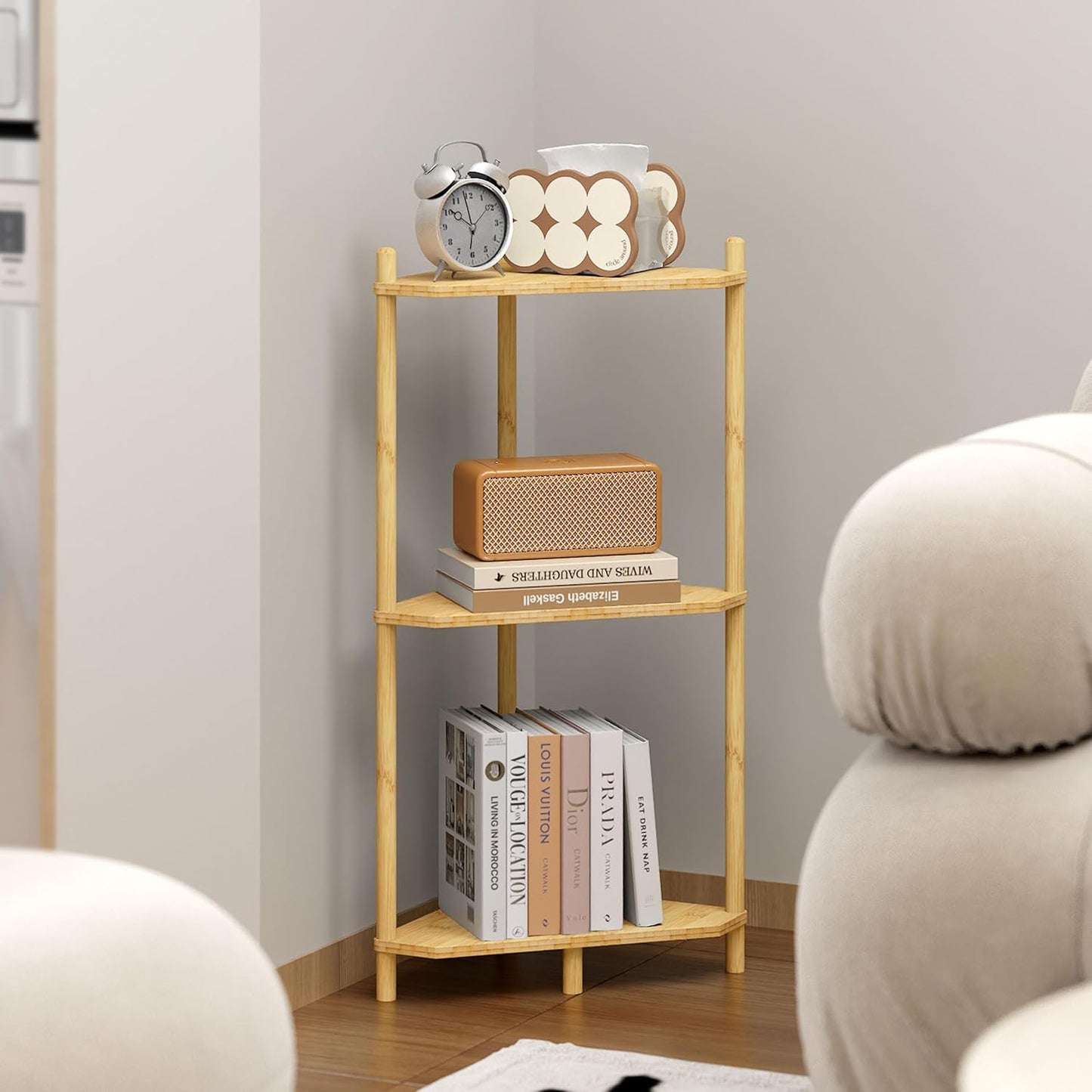 Wisuce Essentials 3 (Natural3 Corner Shelf Stand - Tier Bamboo Small Corner Bookshelf for Office Kitchen Bedroom Plant