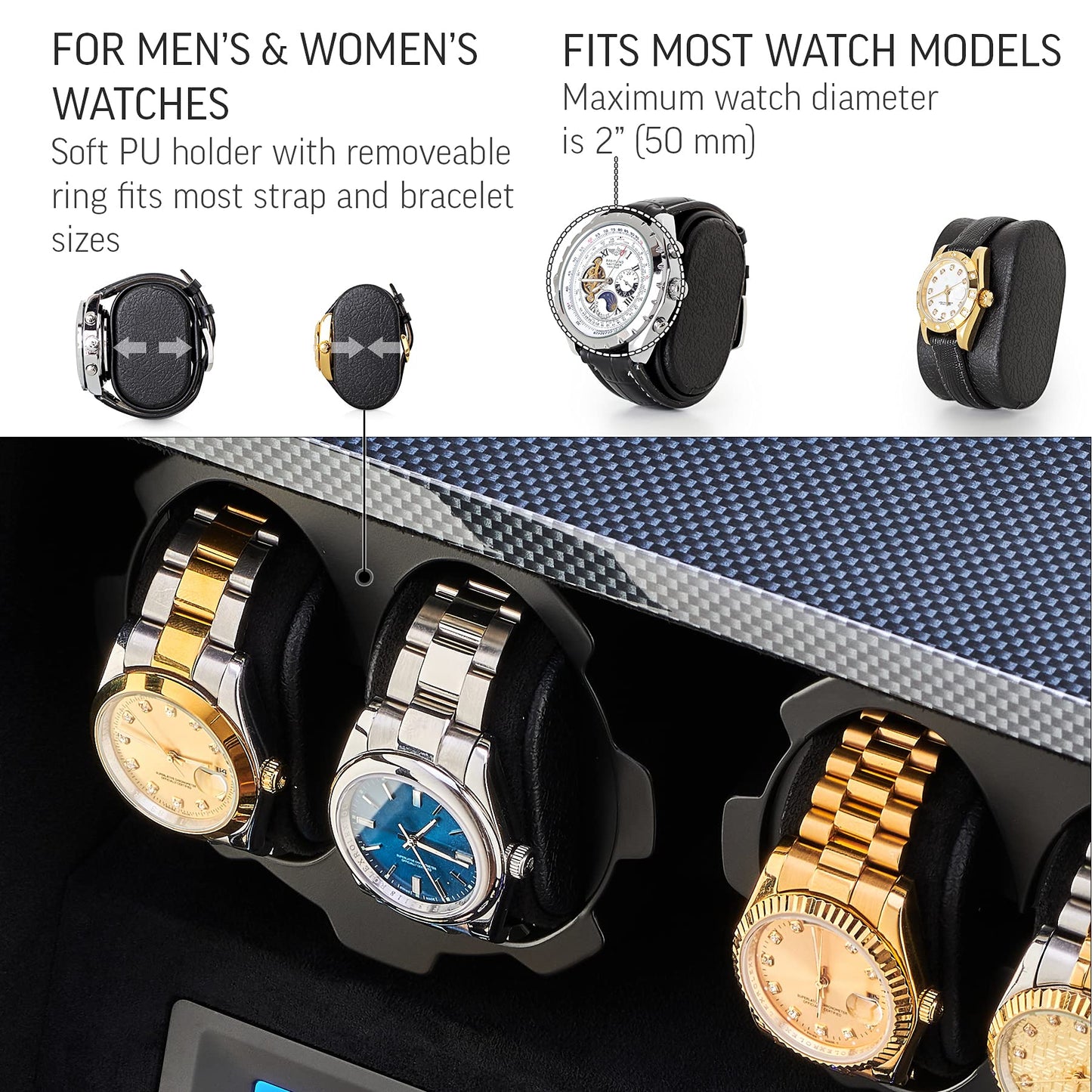 4 Watch Winder with 5 Watch Storage Space, LCD Display, Touch Control and Interior Light (Carbon + Black Velvet)