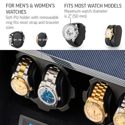 4 Watch Winder with 5 Watch Storage Space, LCD Display, Touch Control and Interior Light (Carbon + Black Velvet)