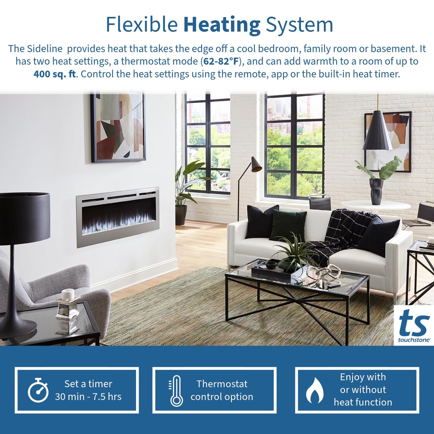 Touchstone Sideline Deluxe -Stainless Steel Smart Electric Fireplace- 50" Wide- Alexa/WiFi-Enabled- in Wall Recessed- 5 Flame Settings- 9 Flame Colors- 1,500W Heater- Log & Crystal Options- 86273