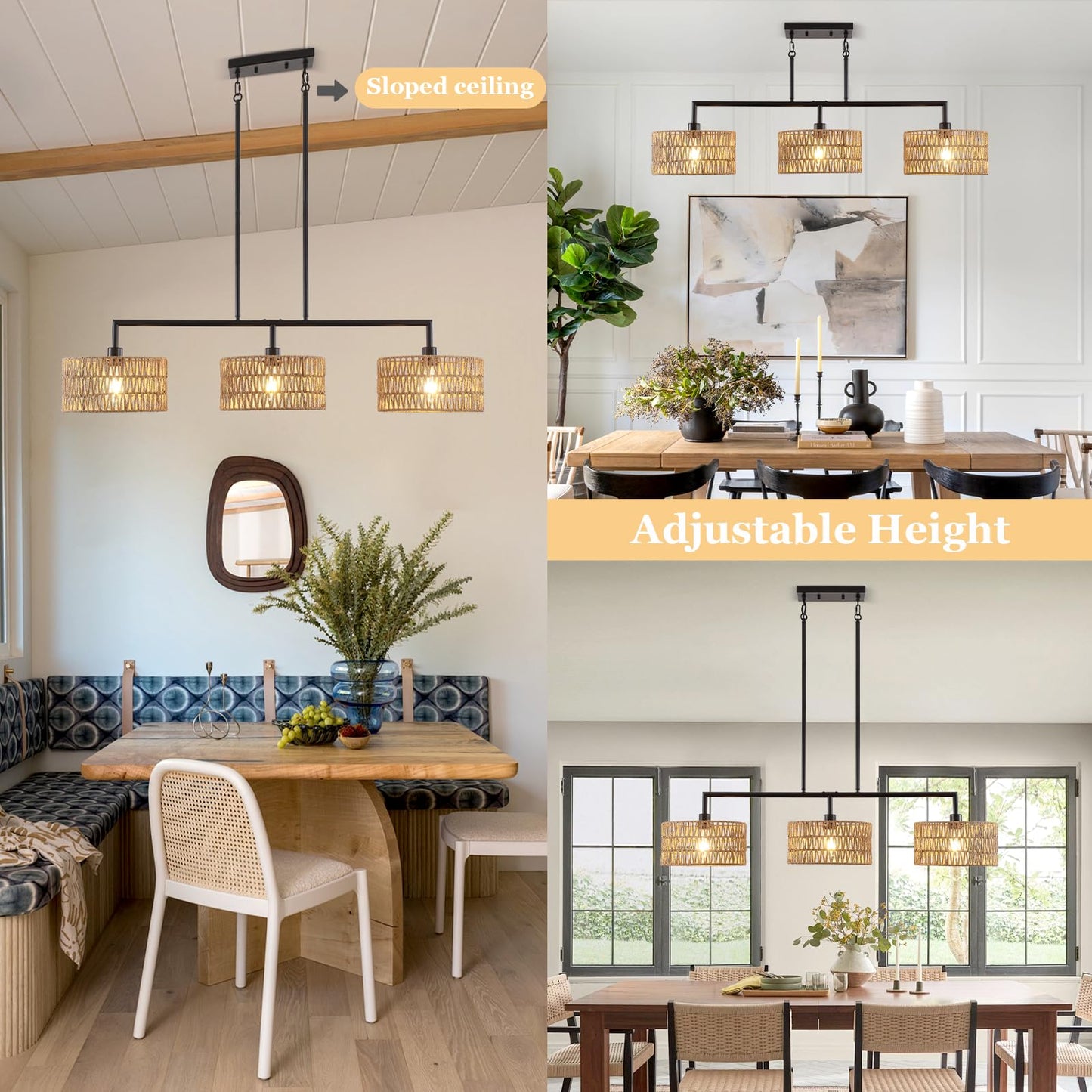 MRHYSWD 47" Hand Woven Rattan Chandeliers for Dining Room, 3-light Boho Linear Chandeliers Large Farmhouse Kitchen Island Lighting, Black Finish Pendant Light Fixtures Over Table, Bar, Living Room,E26