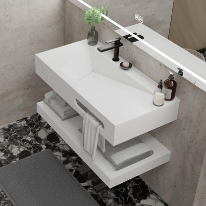 QJ&XY Resin Bathroom Sink 32" Wall Mounted V-Shaped White Basin with Towel Rack, Floating Vanity Sink in Soft-Touch Finish (Double Tier)