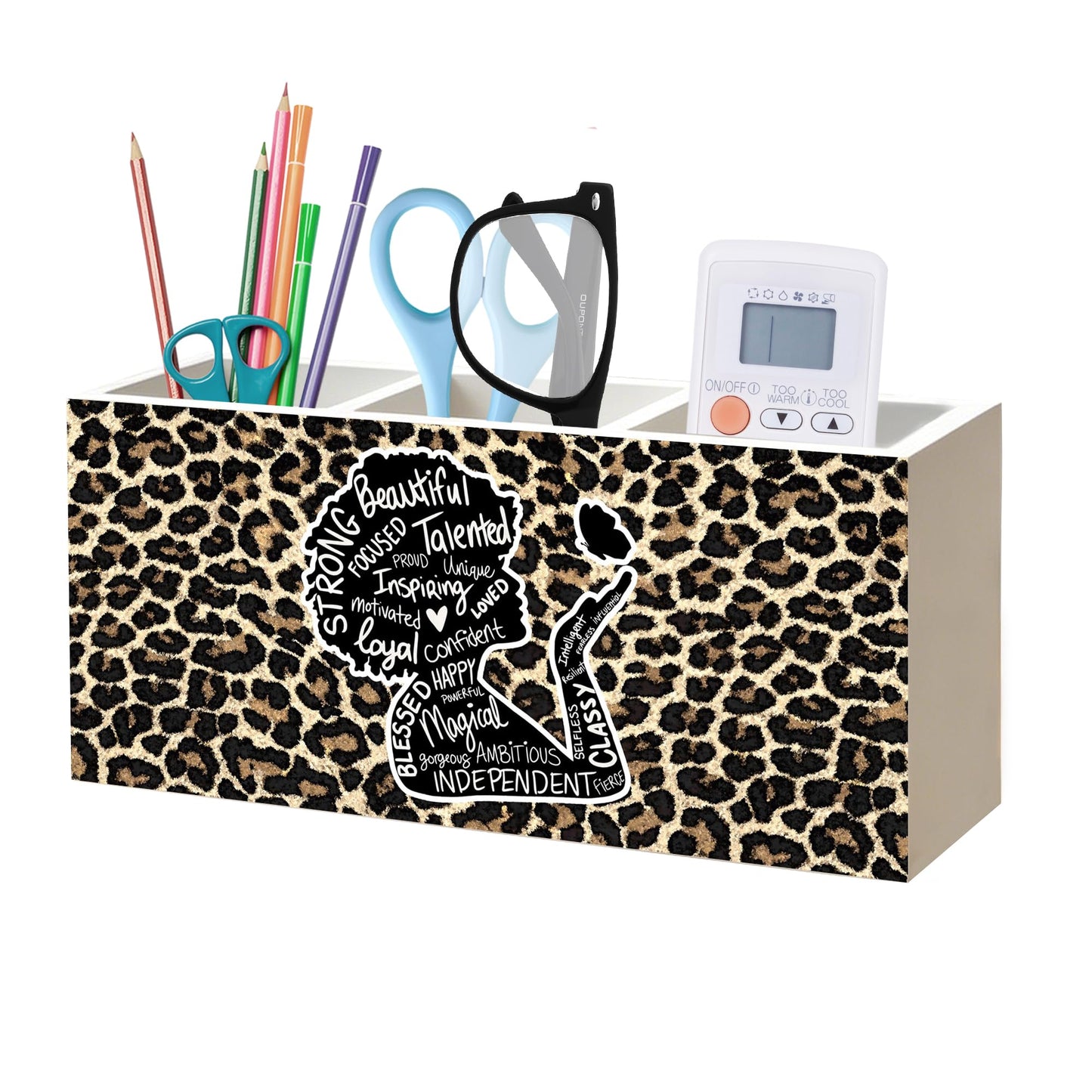 NHGMHBD Inspirational Black Girl Woman Leopard Print Makeup Brush Toothbrush Holder for African American Women, Black Girl Magic Cheetah Print Wood Signs Pen Pencil Holder Organizer Desk Accessories