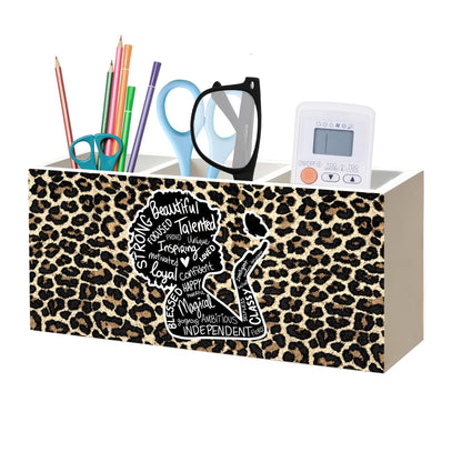 NHGMHBD Inspirational Black Girl Woman Leopard Print Makeup Brush Toothbrush Holder for African American Women, Black Girl Magic Cheetah Print Wood Signs Pen Pencil Holder Organizer Desk Accessories