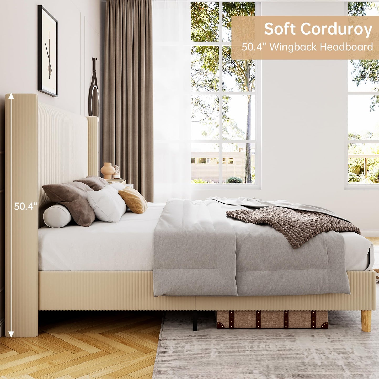 IDEALHOUSE King Size Upholstered Bed Frame with Channel Tufted Wingback Headboard, Wooden Slat Support, Noise-Minimizing Design, No Box Spring Needed, Beige