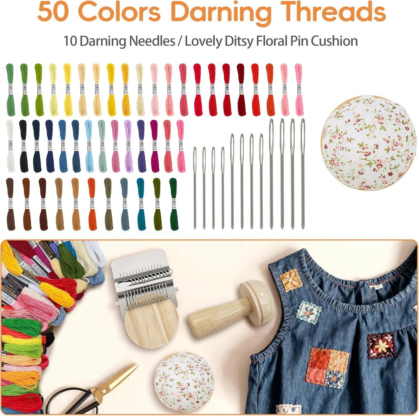 PHOXPH Mini Darning Loom Kit, Mushroom Knit Patch Kit, PatchMaker Mending Tool with 50 Colors Yarn, 14 Hooks, Weaving Loom for Socks, Jeans & Sweaters, Clothes Repair, Fixing Kit for Beginners