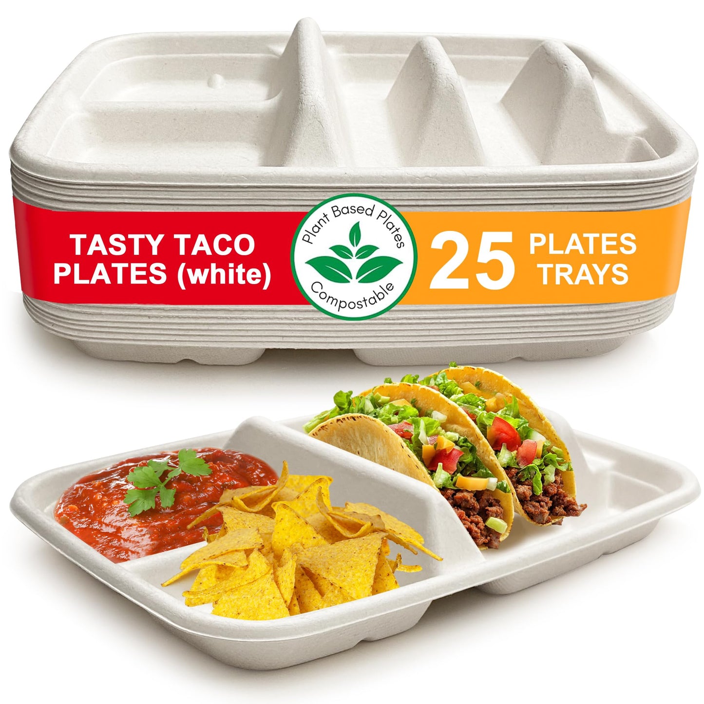 White Disposable Taco Plates for 2 Tacos & 2 Sides – 25 PACK | Premium Paper Plates with Dividers, Fiesta Taco Holder, Taco Stand for Taco Tuesday & Taco Bar Serving Set Taco Plates (25 Plates)