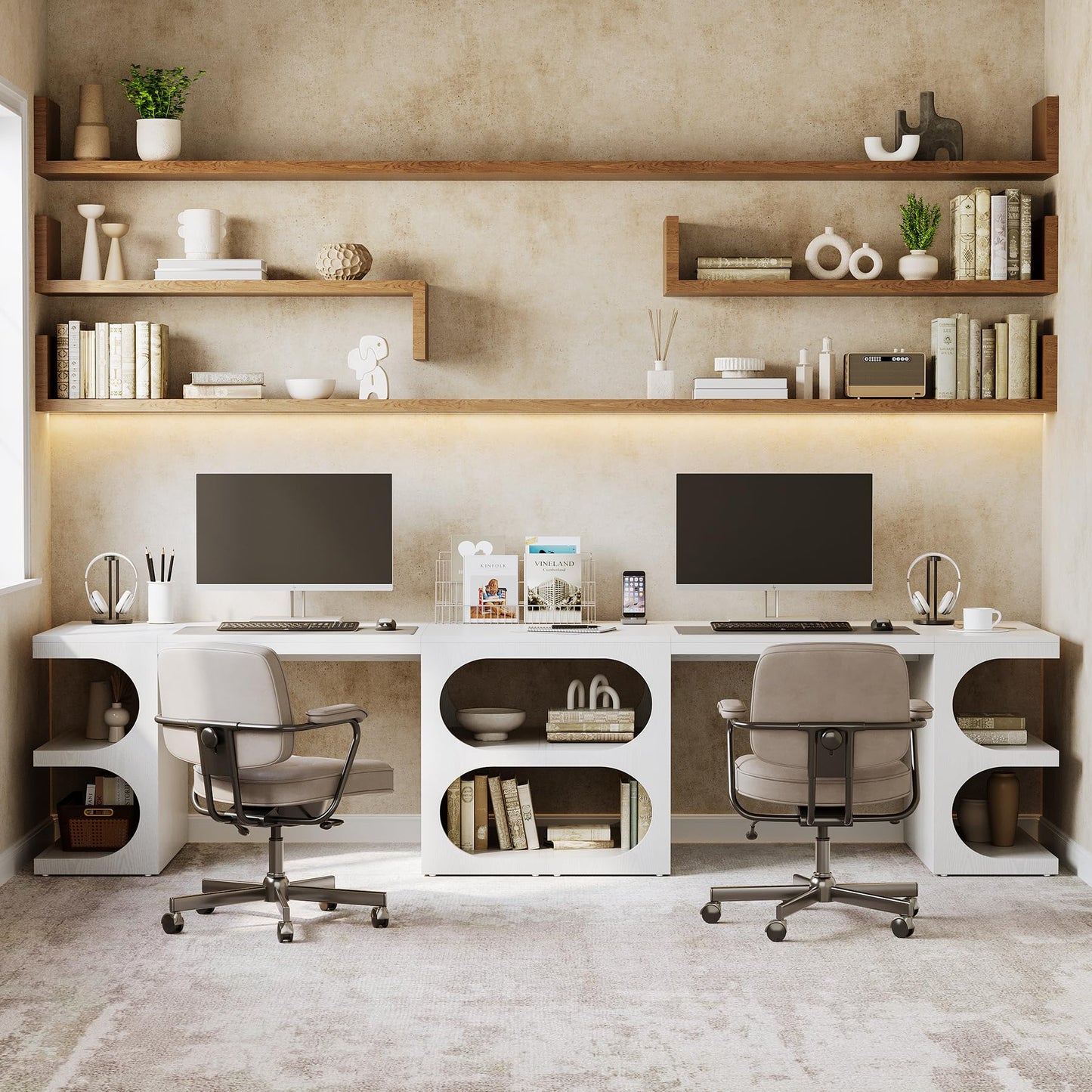 LITTLE TREE 62.2-Inch Executive Desk, Modern Home Office Desks, Office Table with Storage Shelves for Workspace, Large Computer Desk, Long Contemporary Writing Desk, White