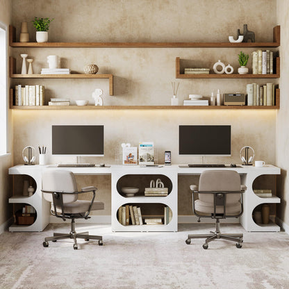 LITTLE TREE 62.2-Inch Executive Desk, Modern Home Office Desks, Office Table with Storage Shelves for Workspace, Large Computer Desk, Long Contemporary Writing Desk, White