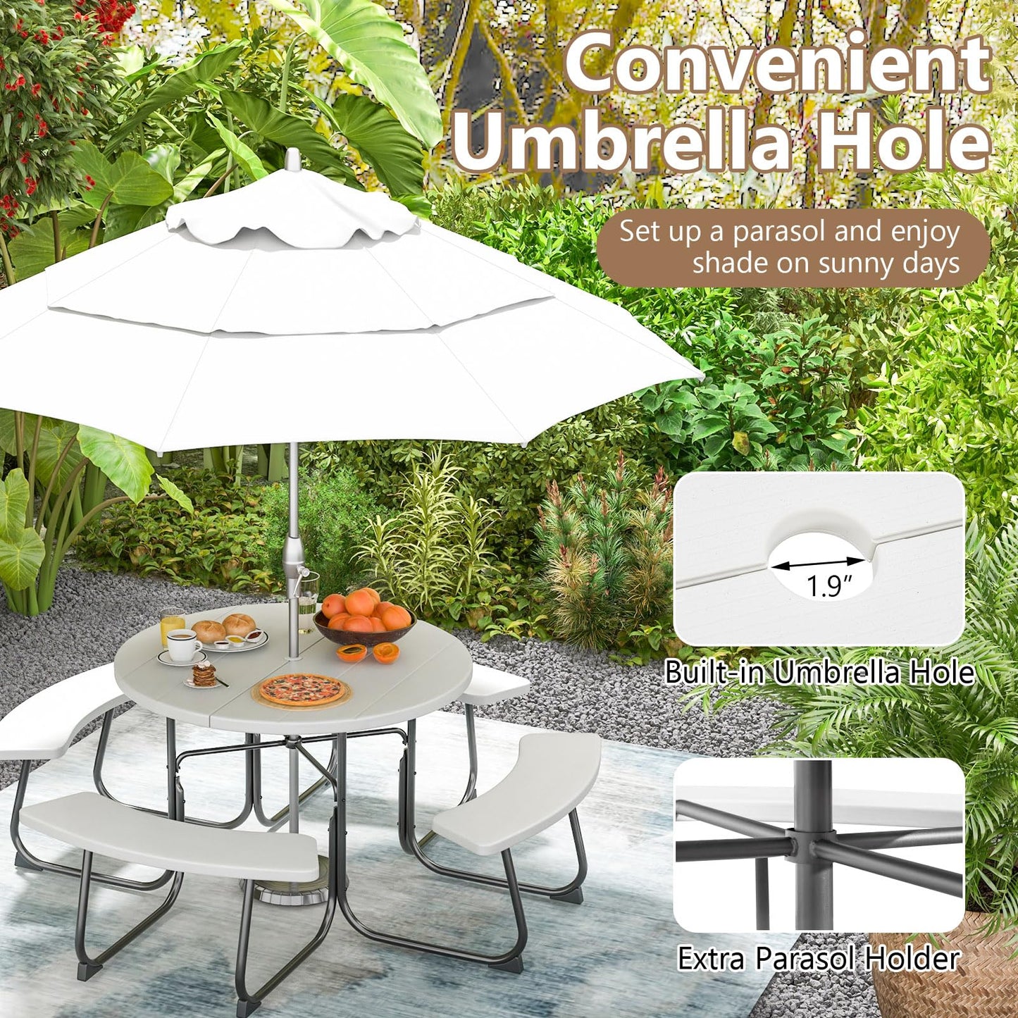 HAPPYGRILL 8-Person Picnic Table Bench Set with Umbrella Hole, 43” Outdoor Dining Table w/4 Benches, Wood-Like Texture Tabletop, Stable U-Shaped Base, Round Table for Backyards, White