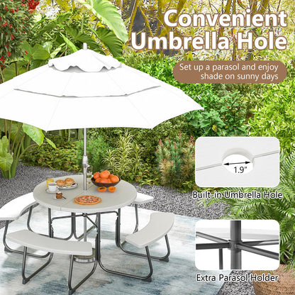 HAPPYGRILL 8-Person Picnic Table Bench Set with Umbrella Hole, 43” Outdoor Dining Table w/4 Benches, Wood-Like Texture Tabletop, Stable U-Shaped Base, Round Table for Backyards, White