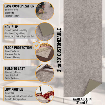 3' 9' 1/4 Inch Ottomanson x Non-Slip Rug Pad Gripper Thick Dual Surface Felt + Rubber Gripper - Safe for All Floors