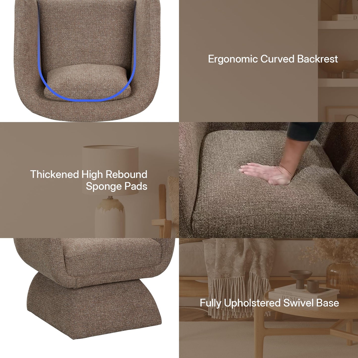 DEECUS. Modern 360° Swivel Accent Chair with Armrest & Curved Back, Soft Cushioned Barrel Lounge Chair (Otter)