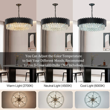 YOLIZUOT Black Crystal Chandelier 30'' K9 Crystal Round Pendant Lights Adjustable 6-Tier Large Modern Crystal Chandelier Light 12-Lights for Dining Room Living Room Kitchen Foyer Entryway