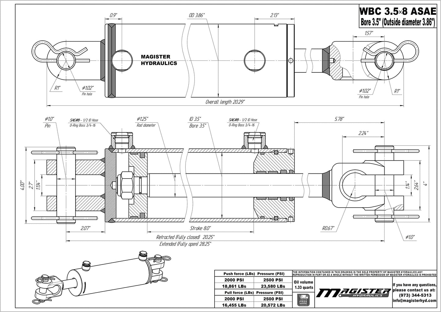 Magister Hydraulics Double Acting Hydraulic Cylinder - AG Clevis Hydraulic Cylinder 2500 PSI tie-Rod Alternative 3.5" bore 8" Stroke (3.5x8 ASAE)