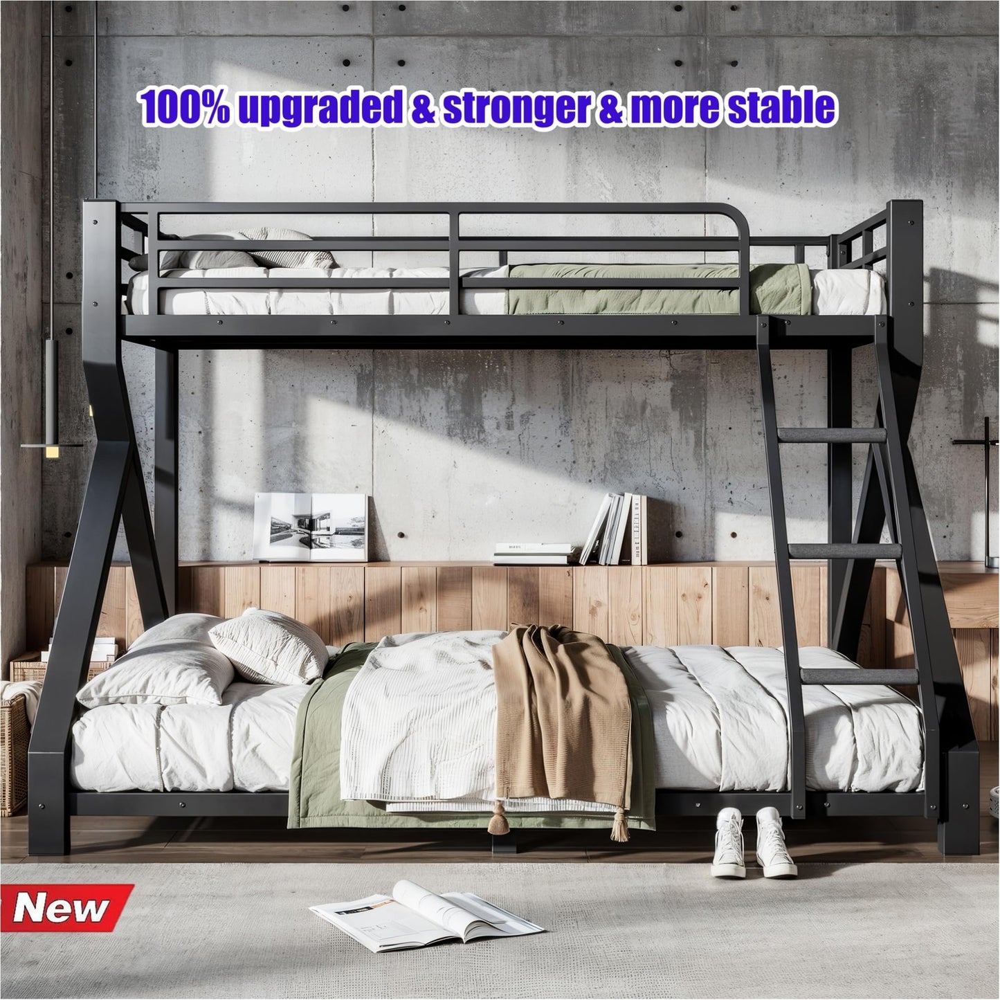 QLUSAN Latest Upgraded & Stronger Heavy Duty Metal Twin XL Over Queen Size Bunk Bed, Safer Thickened More Stable Bunkbed (Greater Weight Capacity) (Twin XL Over Queen (A),Black)