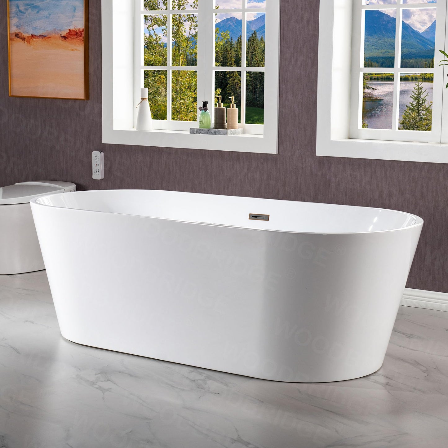 WOODBRIDGE 71" Acrylic Freestanding Bathtub Contemporary Soaking White Tub with Oil-Rubbed Bronze Overflow and Drain,White,B1701 ORB