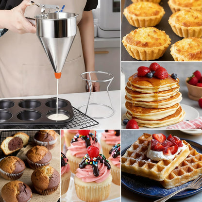 Pancake Batter Dispenser, Large 40oz/1200ml Multi-Caliber Stainless Steel Funnel Cake Dispenser with Stand for Commercial and Home Use