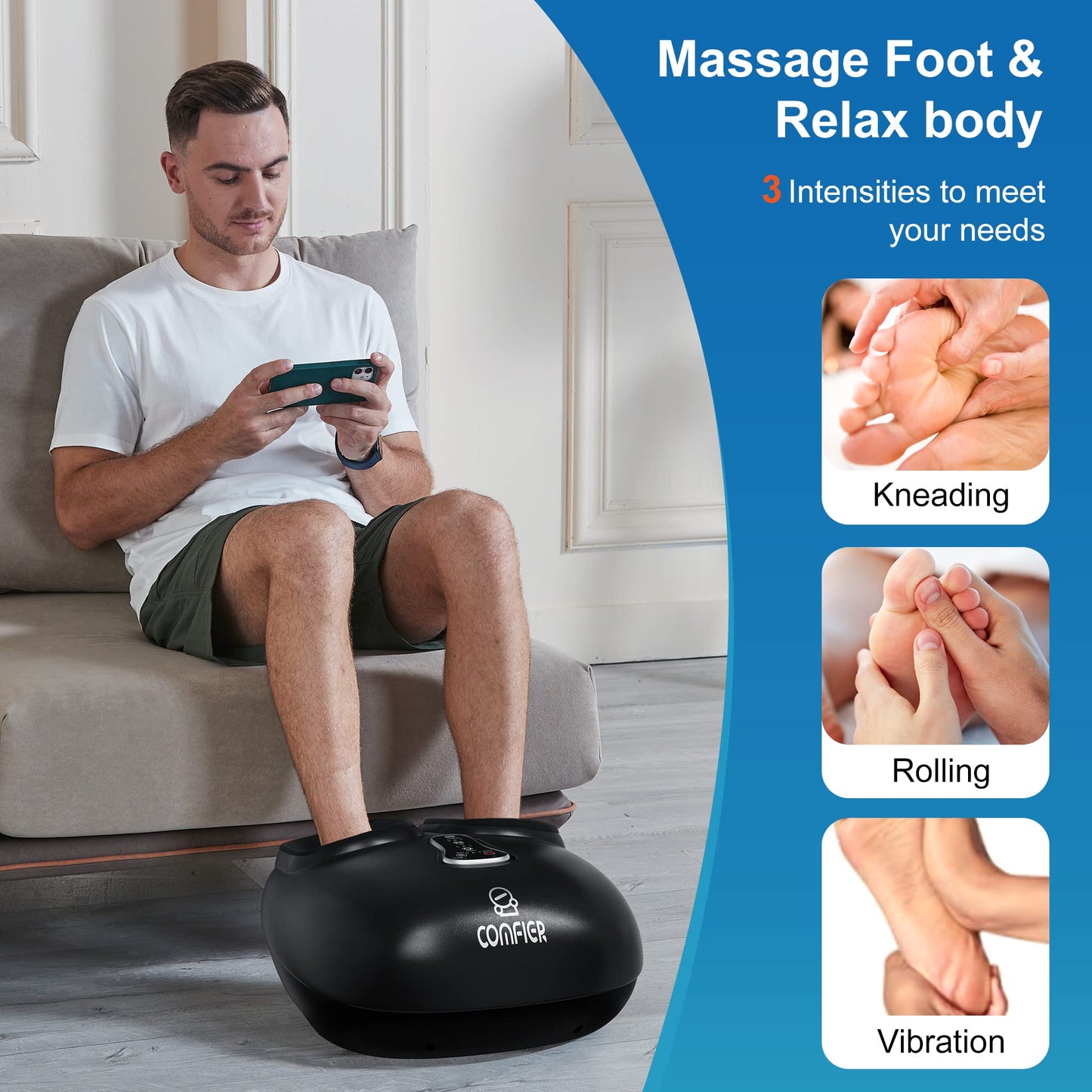 COMFIER Foot Massager with Heat,Kneading,Vibration,Compression,Pause Function,Shiatsu feet Massager for Plantar Fasciitis Neuropathy, Gifts for Him/Her,Remote Control,Size 13