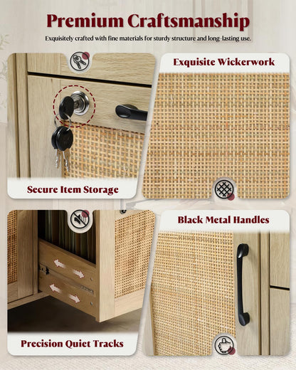 HOPUBUY 3 Drawer and 2 Doors File Cabinet with Lock, Printer Stand Lateral Filing Cabinets for Home Office and School, Wood Rattan File Cabinet for Hanging Files/Letter/Legal/A4/F4 Size, Natural Wood