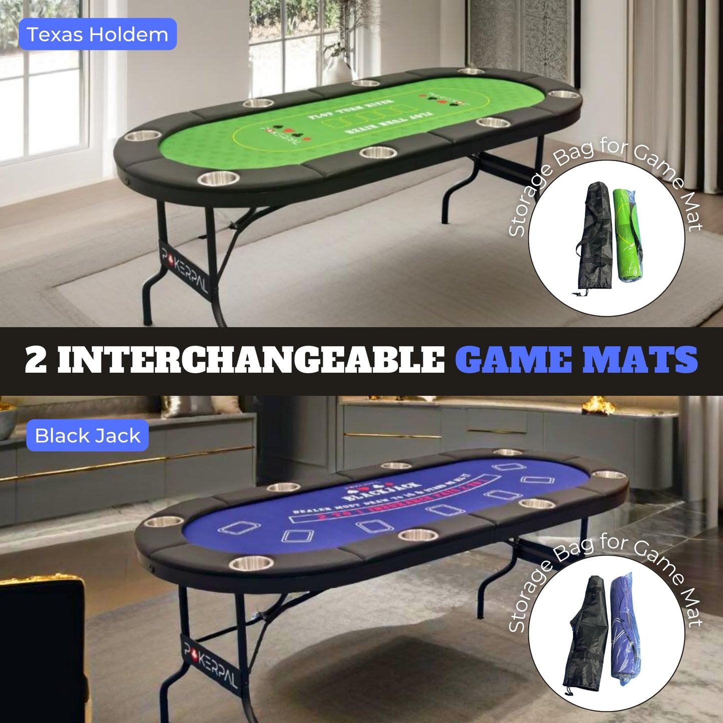 8 Player Poker Table with 2 Interchangeable Game mats, Texas Holdem Poker and Blackjack, Collapsible Casino Table with Padded Rails and XXL Cup Holders for Wine and Whiskey Glasses, (71 in) - Blue