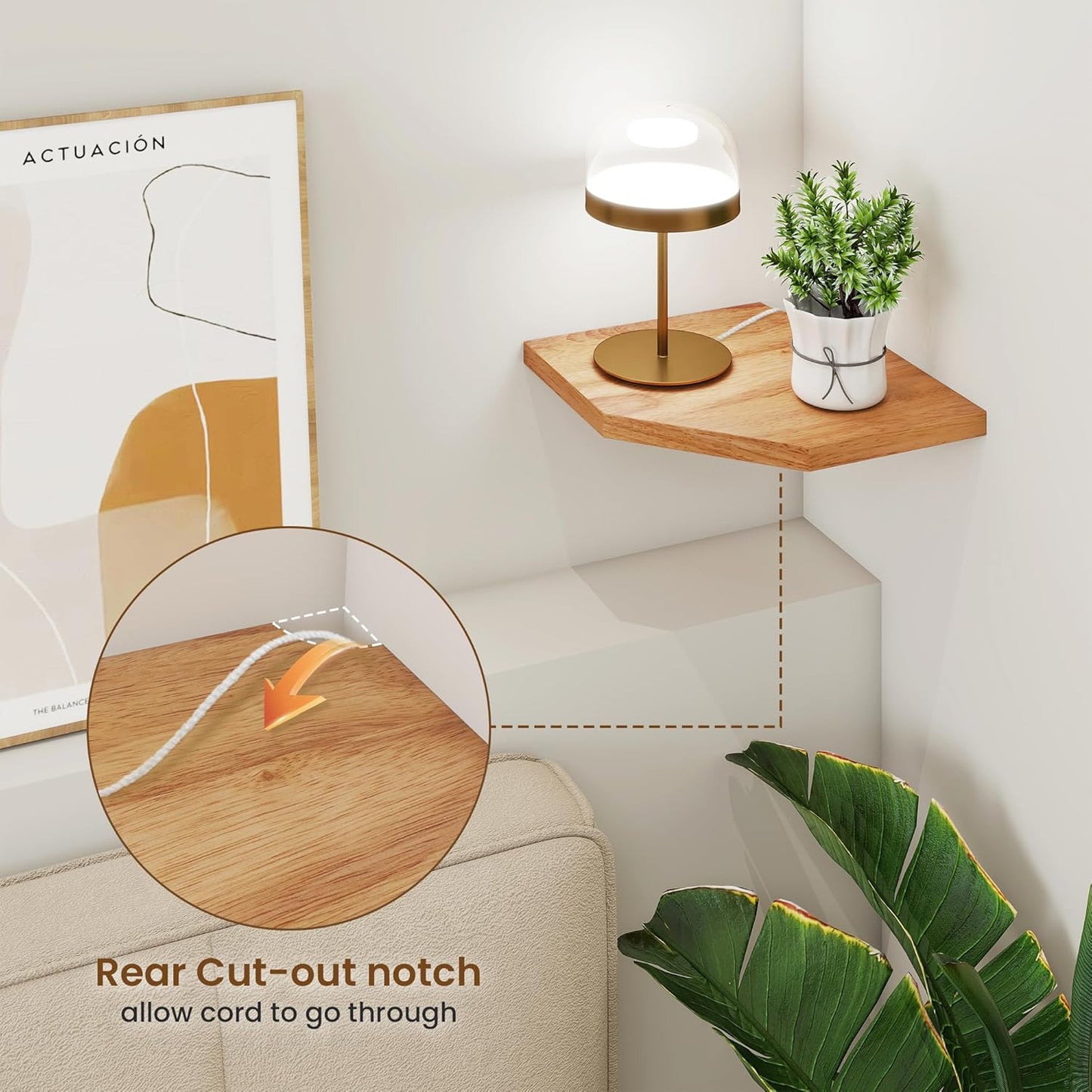 8.5in 1 Pack) Fun Memories Corner Shelf Wall Mount, Solid Oak Wood Floating Corner Shelves with Cable Hole, Rustic