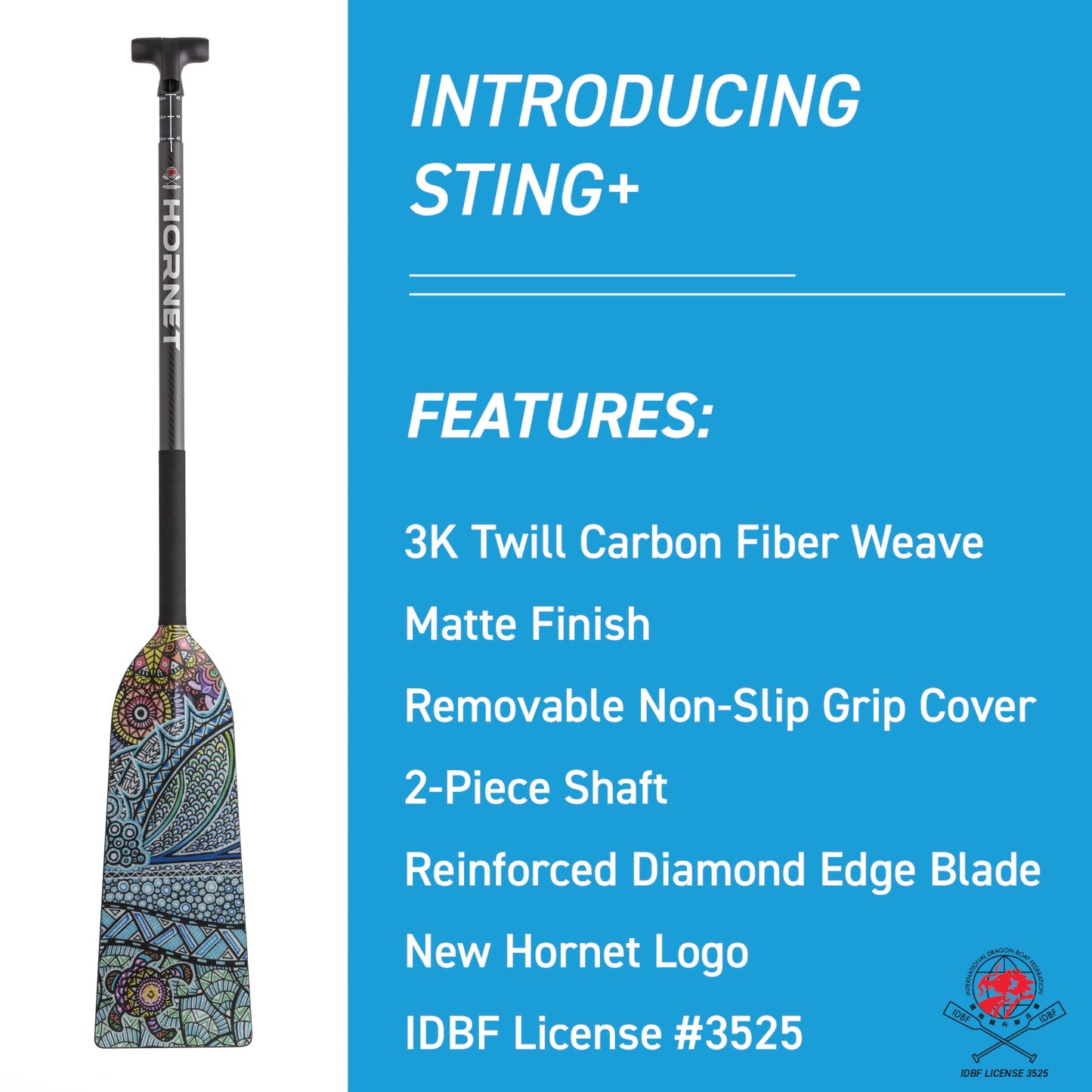 Hornet Watersports Dragon Boat Paddle - Turtle Design - Adjustable Carbon Fiber Dragon Boat Paddle - IDBF Approved - Dragon Boat Accessories (Leverlock Adjustable)