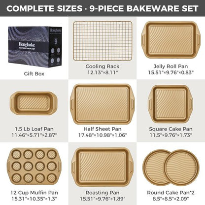 HONGBAKE 9-Piece Non-Stick Baking Pans Set - Wave Texture for Reduced Oil, 0.8mm Thick Bakeware, Gold