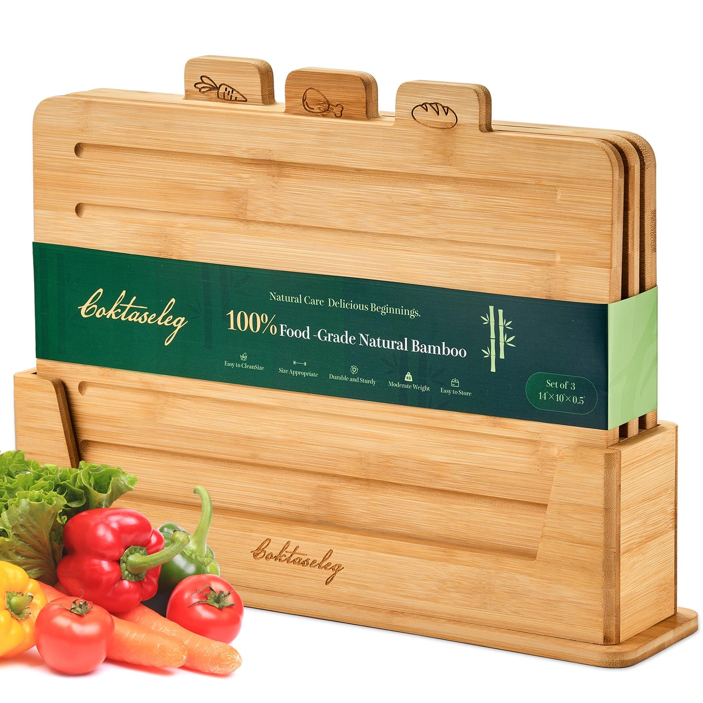 Coktaseleg Bamboo Cutting Boards for Kitchen Set of 3, Large 14’’ x 10’’ with Holder, Wooden Cutting Board with Juice Groove & Labels for Meat Vegetables Bread