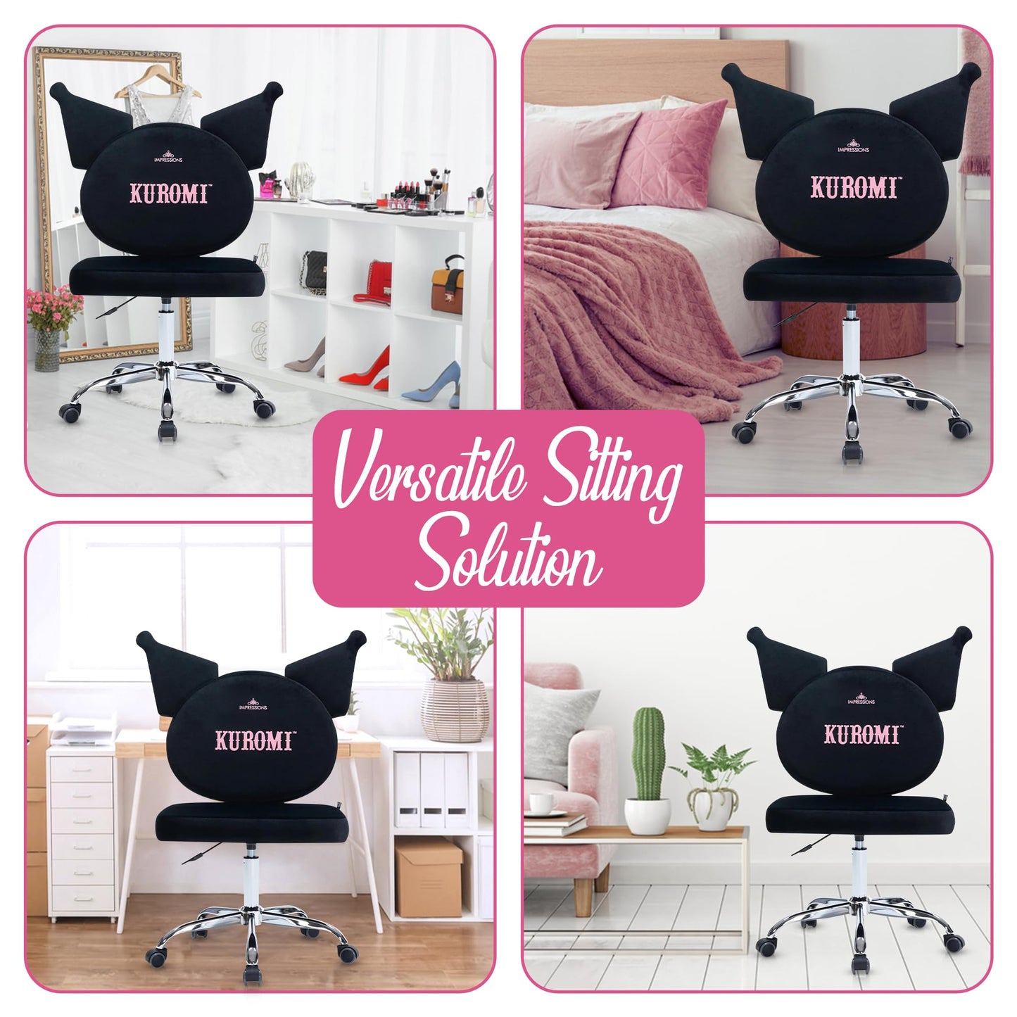 Impressions Vanity Kuromi Swivel Vanity Chair with Wheels | Adjustable Height Silver Metallic Base 360-Degree Spin Armless Padded Cute Velvet Makeup Vanity Chair | Cute Desk Chair for Bedroom, Black