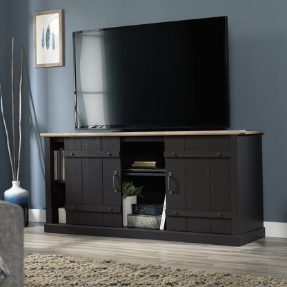 Sauder Misc Entertainment Farmhouse TV Stand, for TVs up to 70", Raven Oak Finish