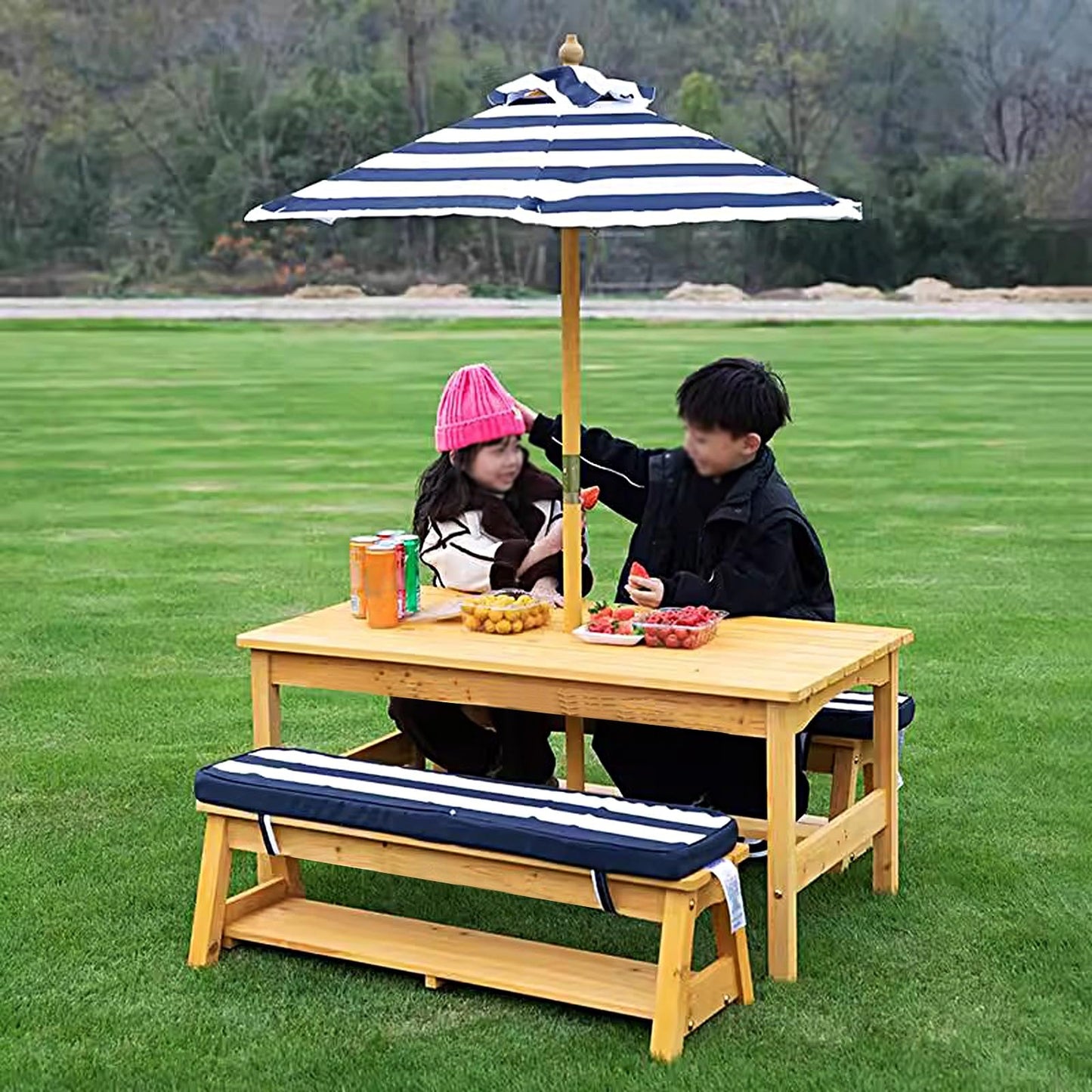 LLZJDDPLY Kids Picnic Tables, Wooden Kids Picnic Tables for Outdoors with Removable Umbrella & Cushions, Toddler Picnic Table, for Backyard Lawn Patio(Red)