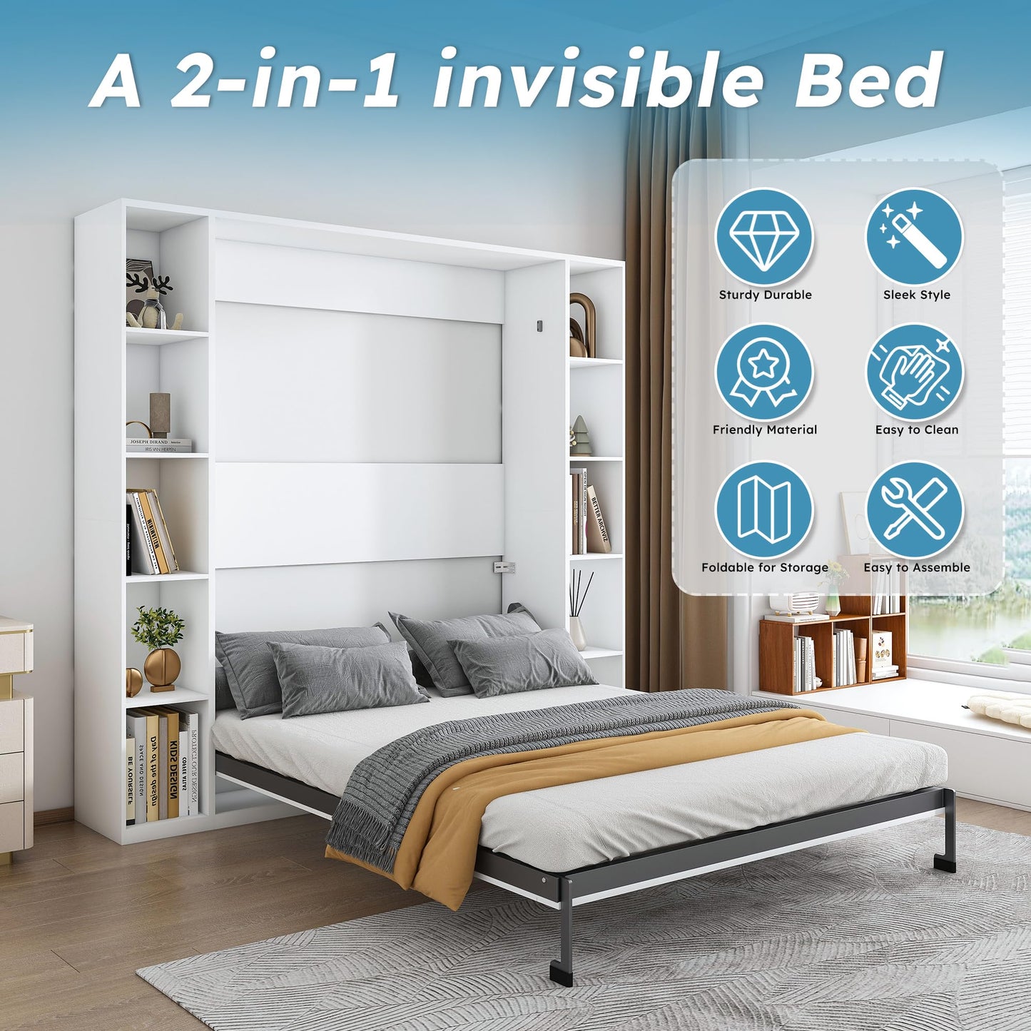 KEIKI Queen Size Murphy Bed Chest, Folding Cabinet Wall Bed Frame with Storage Shelves, Sapce Saving Hideaway Cabinets Beds Frames for Apartment Bedroom Guest Room, Wood Slats Support, White
