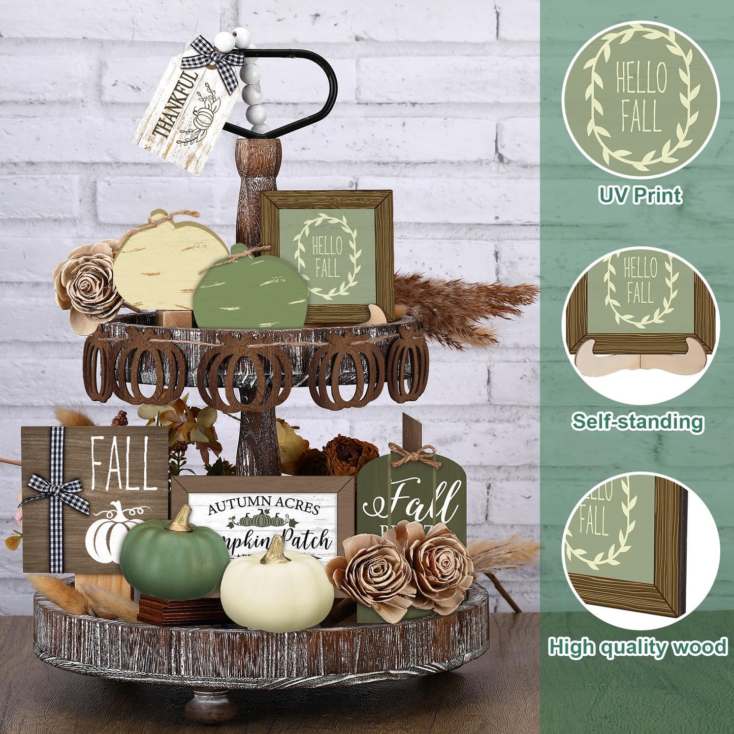 Reallnaive 18 Pcs Fall Thanksgiving Tiered Tray Decor Set Pumpkin Buffalo Plaid Wood Sign Hello Fall Rustic Farmhouse Neutral Tray Decoration Tabletop Sign for Autumn Home Kitchen Festival(Sage Green)