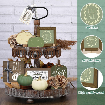 Reallnaive 18 Pcs Fall Thanksgiving Tiered Tray Decor Set Pumpkin Buffalo Plaid Wood Sign Hello Fall Rustic Farmhouse Neutral Tray Decoration Tabletop Sign for Autumn Home Kitchen Festival(Sage Green)