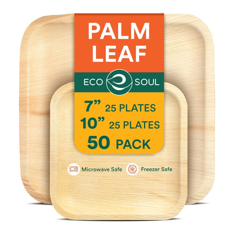ECO SOUL Palm Leaf Like Bamboo Plates, 7 & 10 Inch Square, 100 Pack Bulk Disposable Dinnerware Combo, Compostable Biodegradable Natural Wooden Tableware, Party Pack for Catering, Wedding, Events