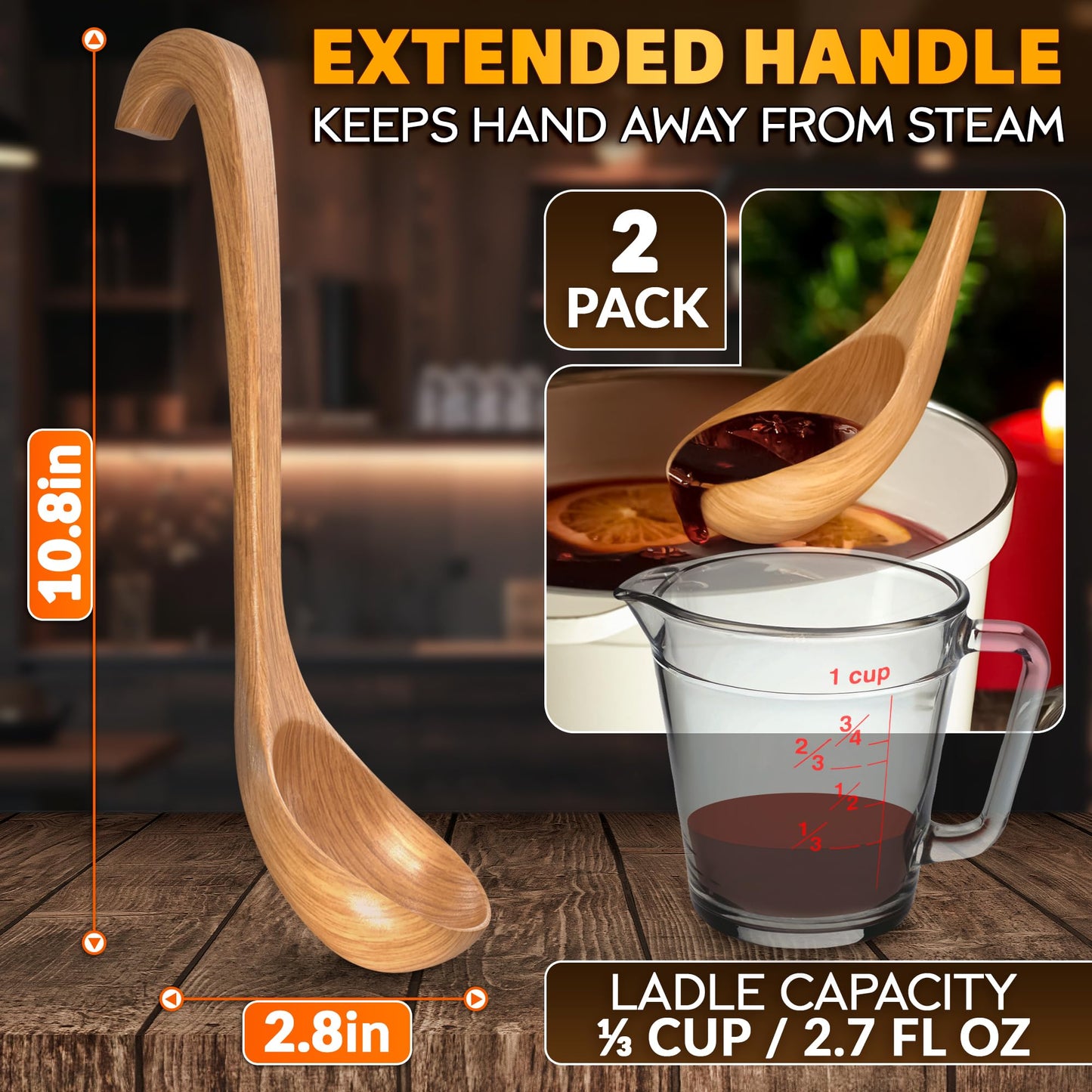 2 Pcs Wooden Ladle for Soup – 10.8×2.8" Bamboo Soup Ladle for Stews and Sauces with Deep 2.7 fl oz Capacity & Lacquer-Coated Finish – Wooden Cooking Spoons with Hook Handles for Kitchen & Catering