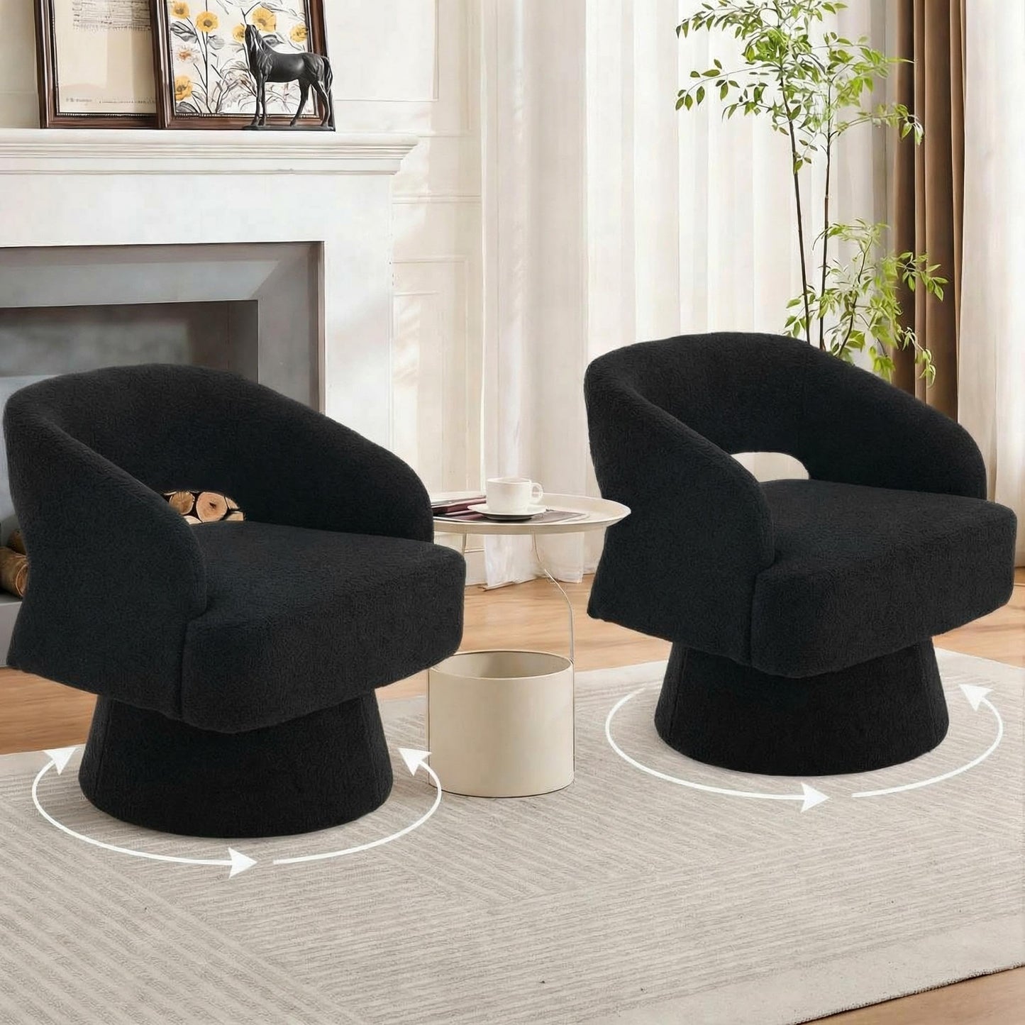 IDEALHOUSE Modern Swivel Accent Chairs Set of 2, Oversized Teddy Barrel Chairs, 360° Thickened Soft Cushion Rotating Round Arm Chairs for Living Room, Bedroom, Reading Nook, Black