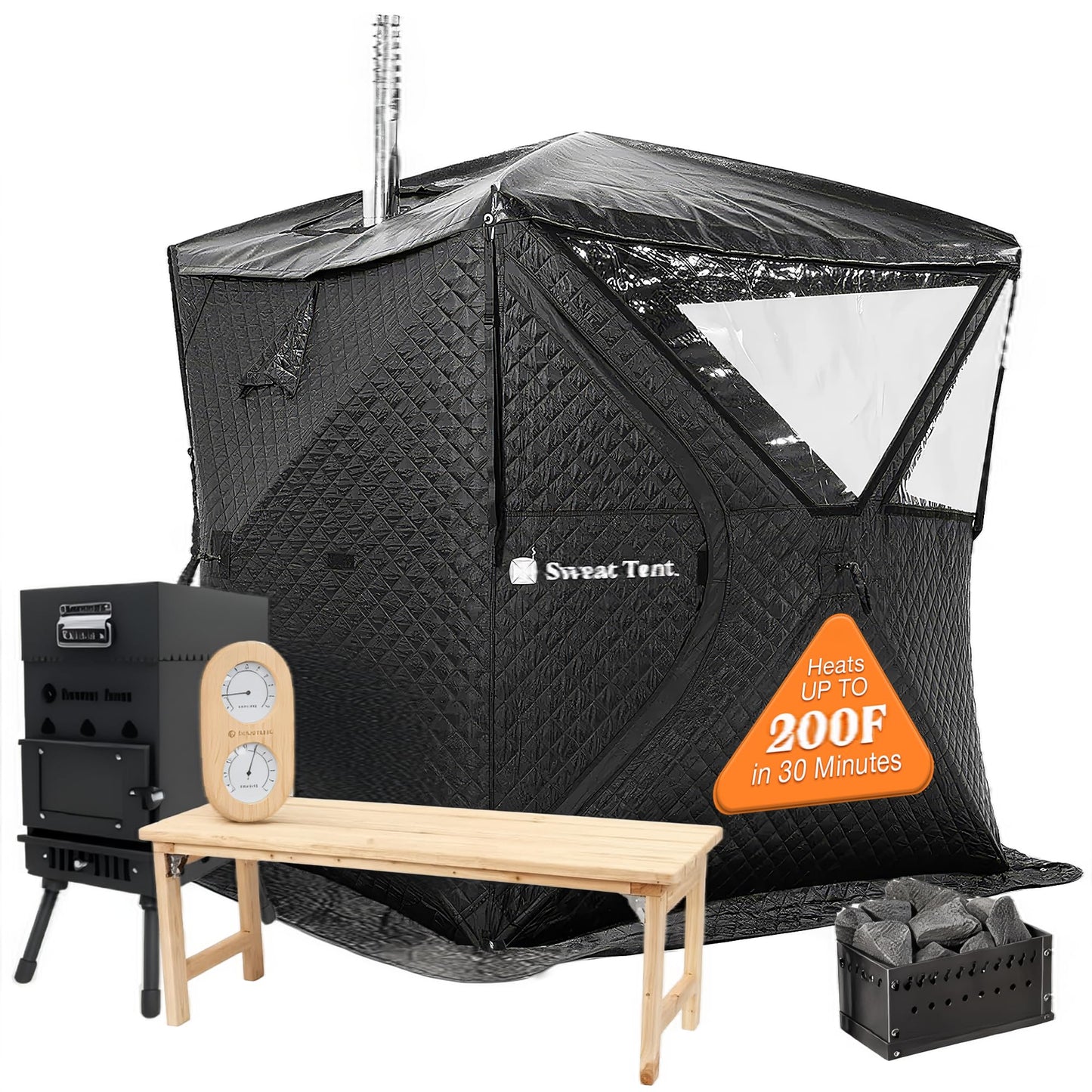 SweatTent Portable Outdoor Sauna (Large) Pro Bundle – Complete Kit with Stove, Cedar Bench, Essential Oil, Wool Hat, Accessories, Quick Assembly, High-Temperature, 6 Adults, Backyard & Camping