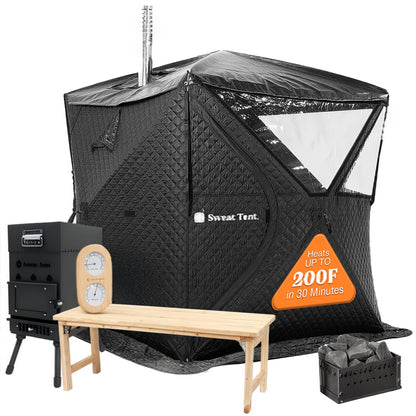 SweatTent Portable Outdoor Sauna (Large) Pro Bundle – Complete Kit with Stove, Cedar Bench, Essential Oil, Wool Hat, Accessories, Quick Assembly, High-Temperature, 6 Adults, Backyard & Camping